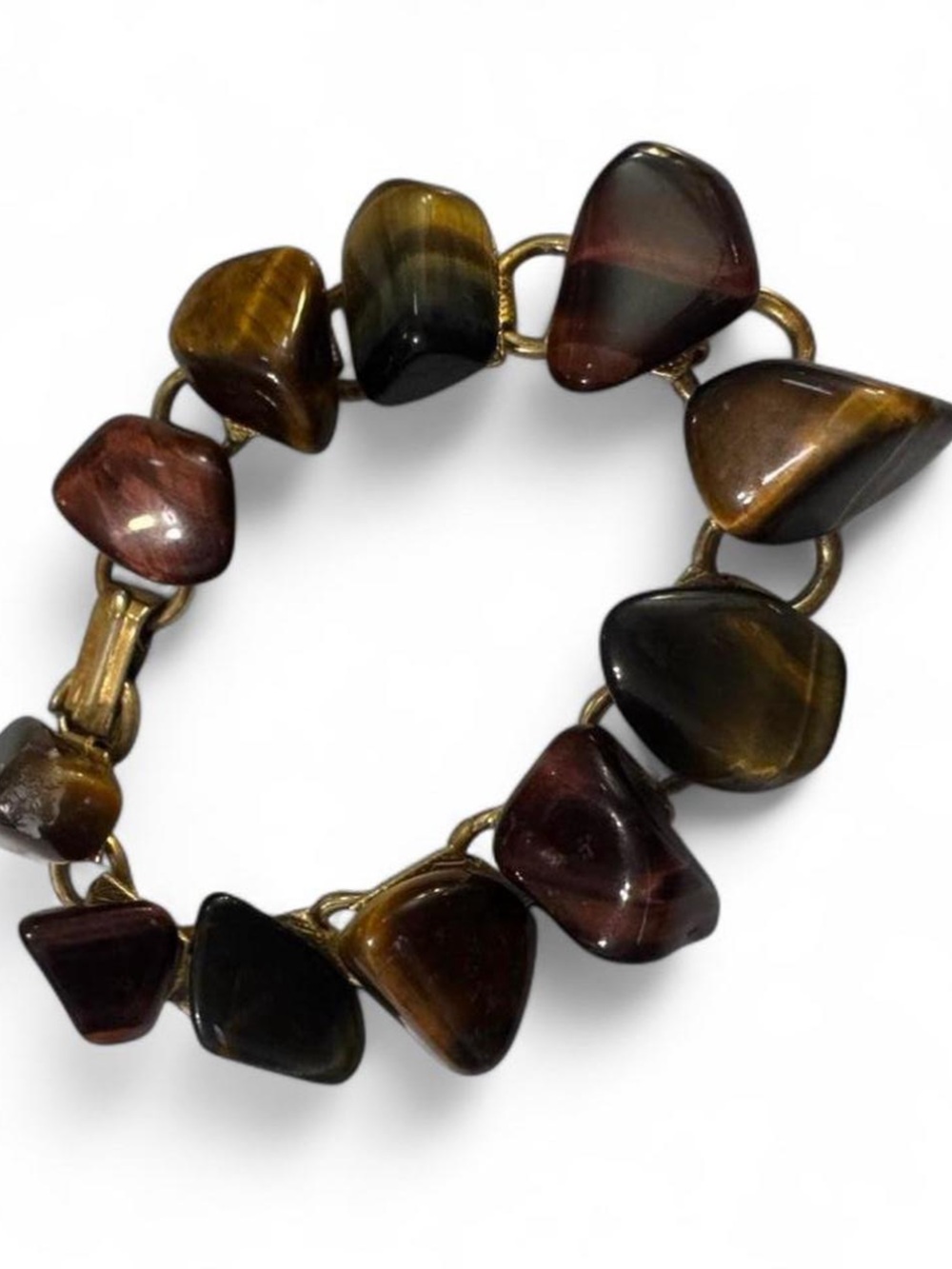 Vintage Tigers eye with chatoyant retro 60s / 70s chunky chainlink bracelet gold